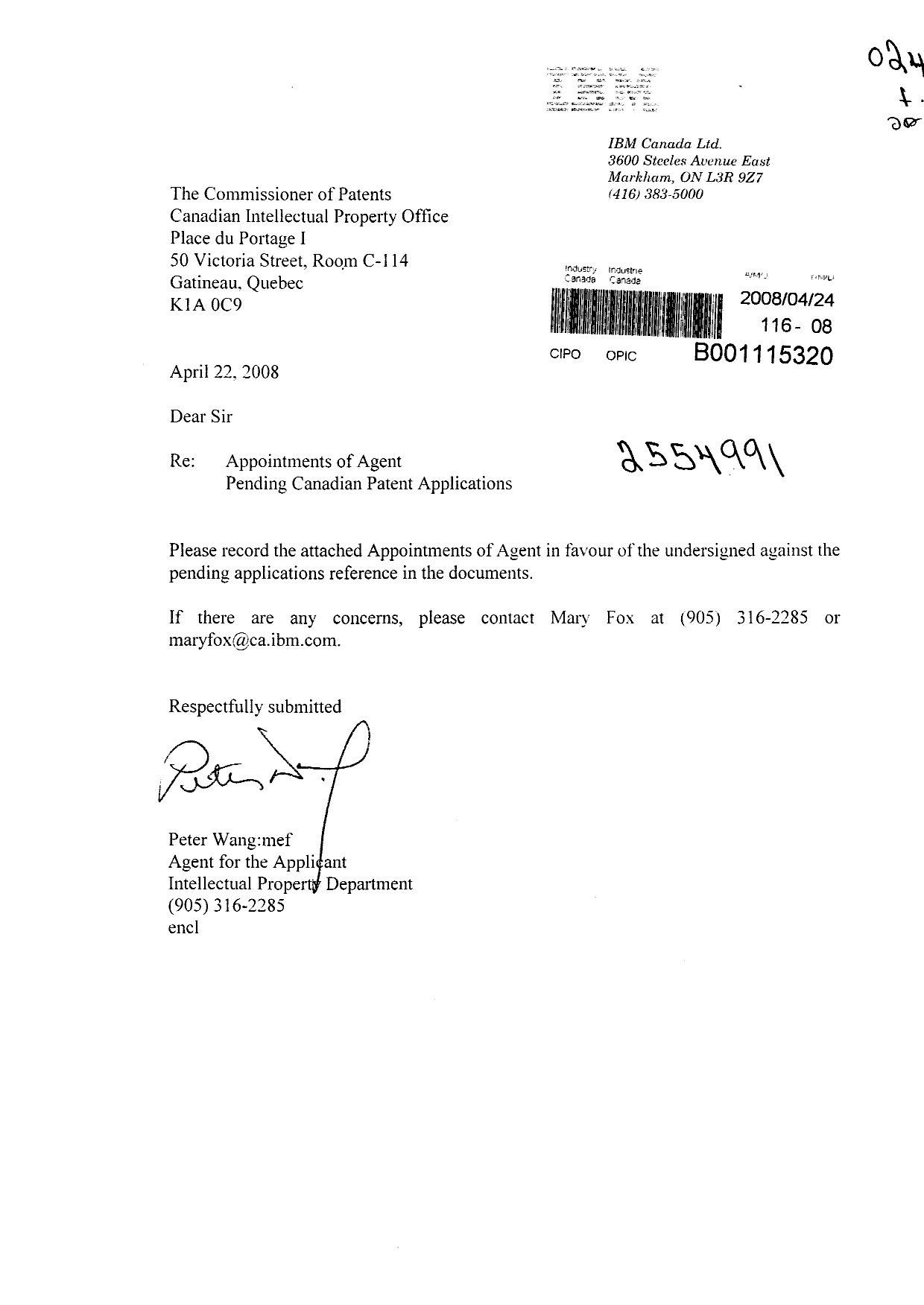 Canadian Patent Document 2554991. Correspondence 20080424. Image 1 of 2