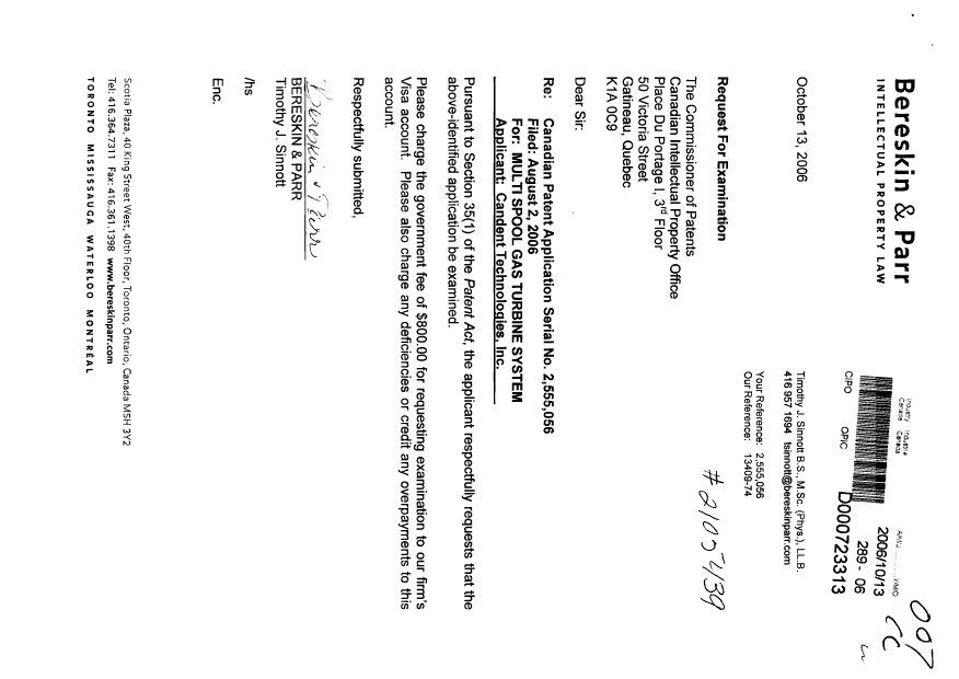 Canadian Patent Document 2555056. Prosecution-Amendment 20061013. Image 1 of 1