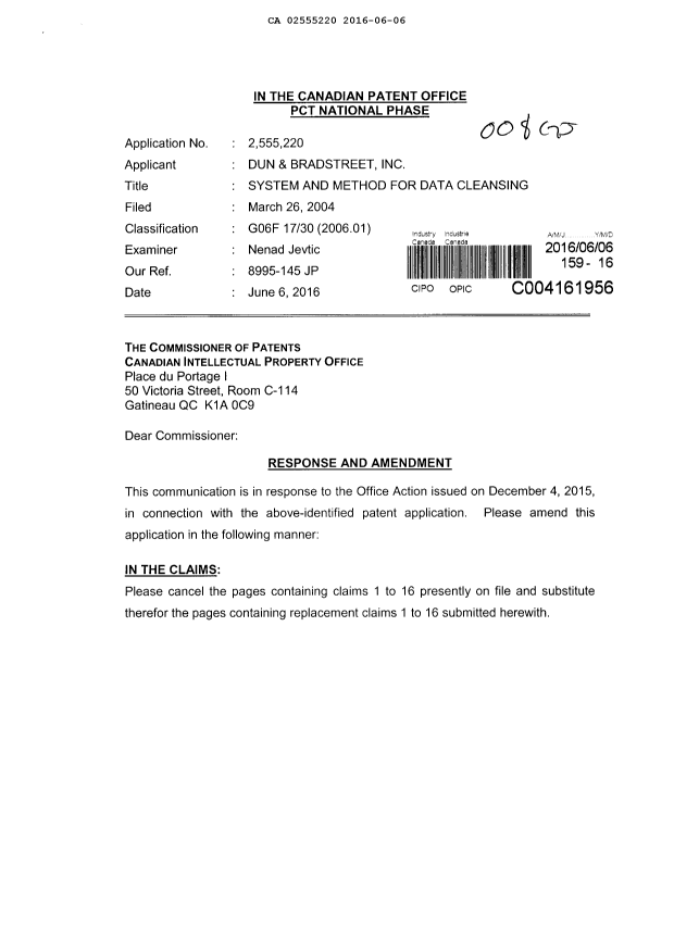 Document de brevet canadien 2555220. Modification 20160606. Image 1 de 13