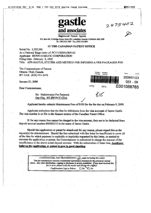Canadian Patent Document 2555286. Fees 20090123. Image 1 of 2