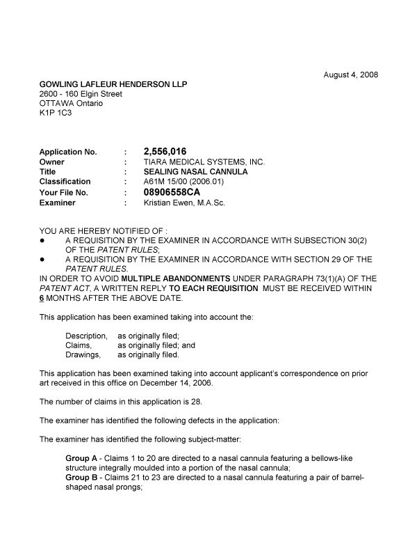 Canadian Patent Document 2556016. Prosecution-Amendment 20080804. Image 1 of 3