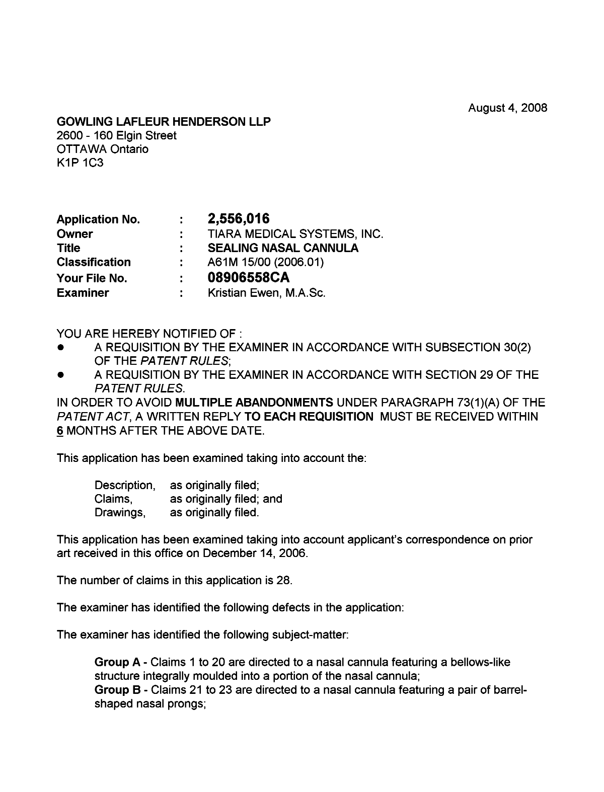 Canadian Patent Document 2556016. Prosecution-Amendment 20080804. Image 1 of 3