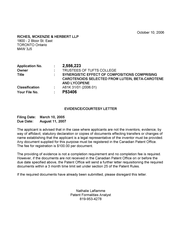 Document de brevet canadien 2556223. Correspondance 20051205. Image 1 de 1