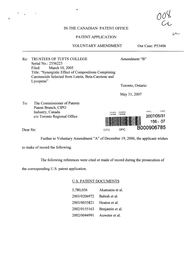 Document de brevet canadien 2556223. Poursuite-Amendment 20061231. Image 1 de 2
