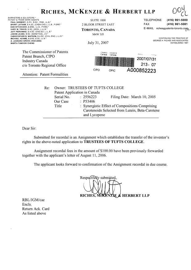 Document de brevet canadien 2556223. Cession 20061231. Image 1 de 2