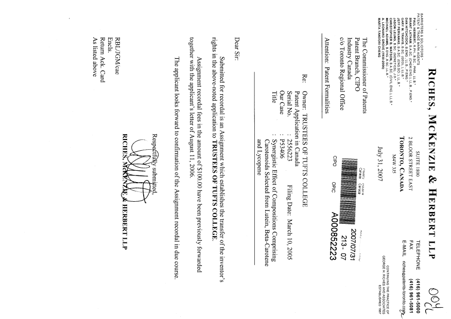 Document de brevet canadien 2556223. Cession 20061231. Image 1 de 2