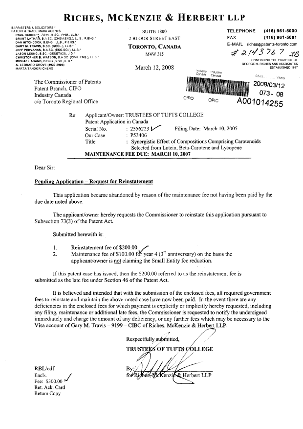 Document de brevet canadien 2556223. Taxes 20071212. Image 1 de 1