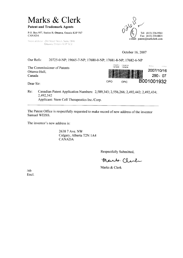 Document de brevet canadien 2556266. Correspondance 20071016. Image 1 de 1