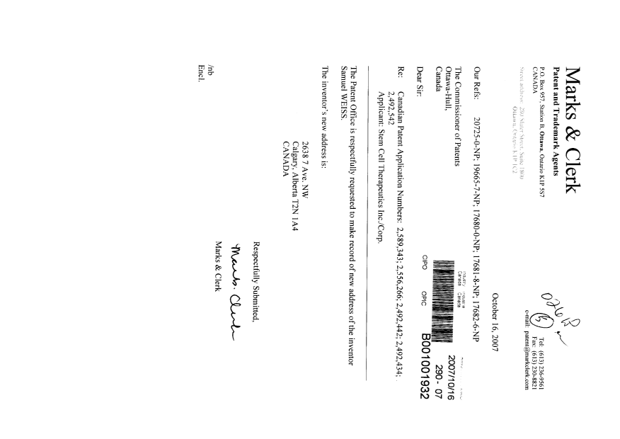 Document de brevet canadien 2556266. Correspondance 20071016. Image 1 de 1