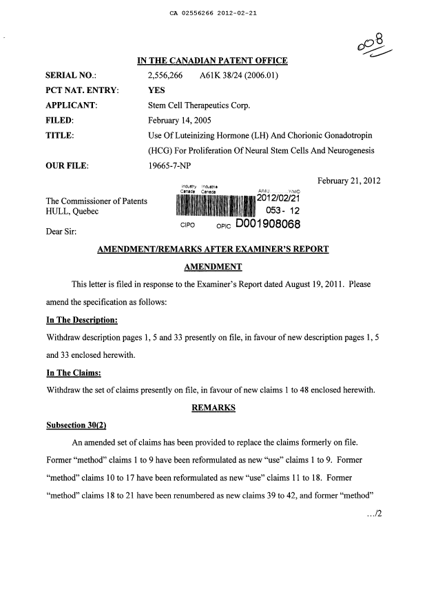 Document de brevet canadien 2556266. Poursuite-Amendment 20120221. Image 1 de 14