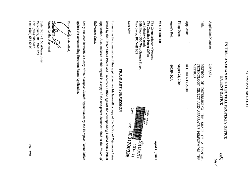 Canadian Patent Document 2556533. Prosecution-Amendment 20110411. Image 1 of 1