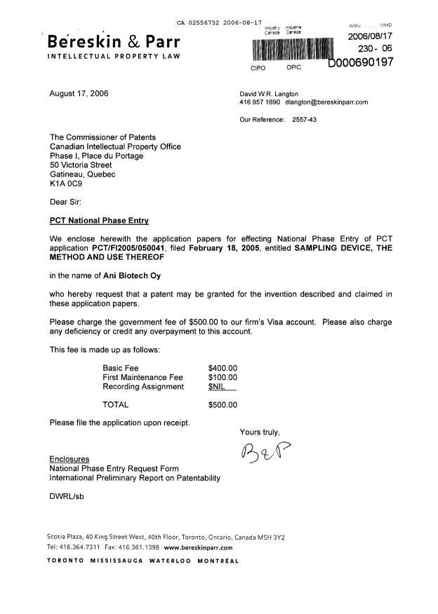 Document de brevet canadien 2556732. Cession 20060817. Image 1 de 3