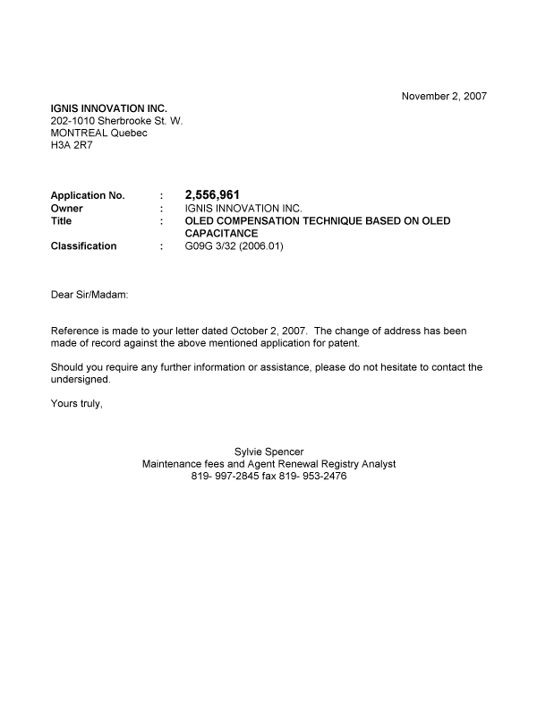 Canadian Patent Document 2556961. Correspondence 20061202. Image 1 of 1