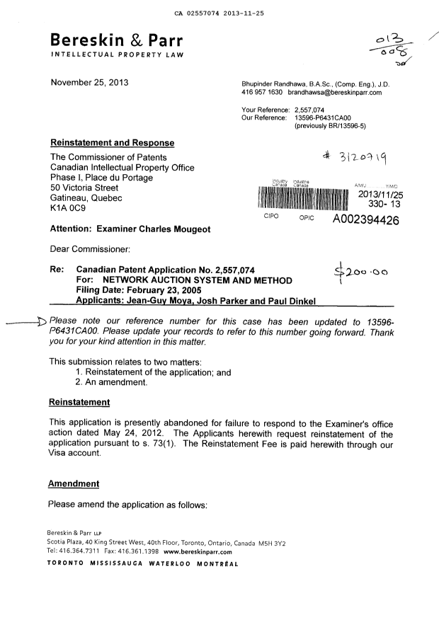 Canadian Patent Document 2557074. Prosecution-Amendment 20121225. Image 1 of 18