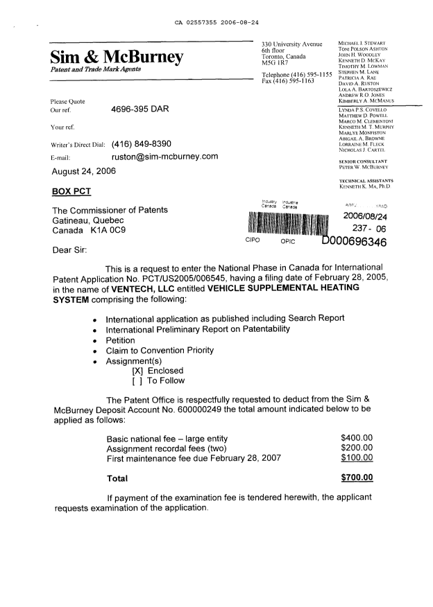 Document de brevet canadien 2557355. Cession 20060824. Image 1 de 7