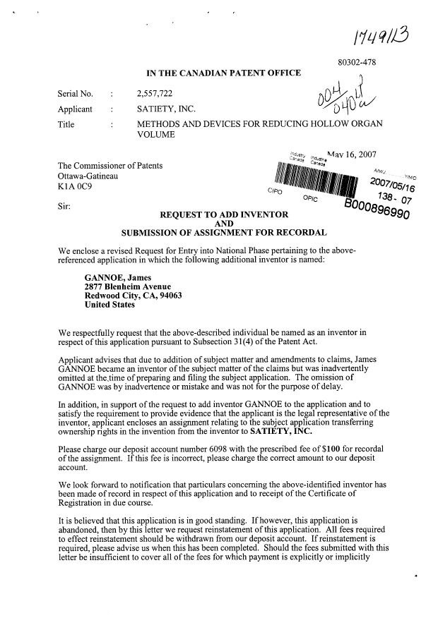 Document de brevet canadien 2557722. Correspondance 20070516. Image 1 de 4