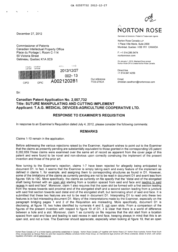 Canadian Patent Document 2557732. Prosecution-Amendment 20121227. Image 1 of 3