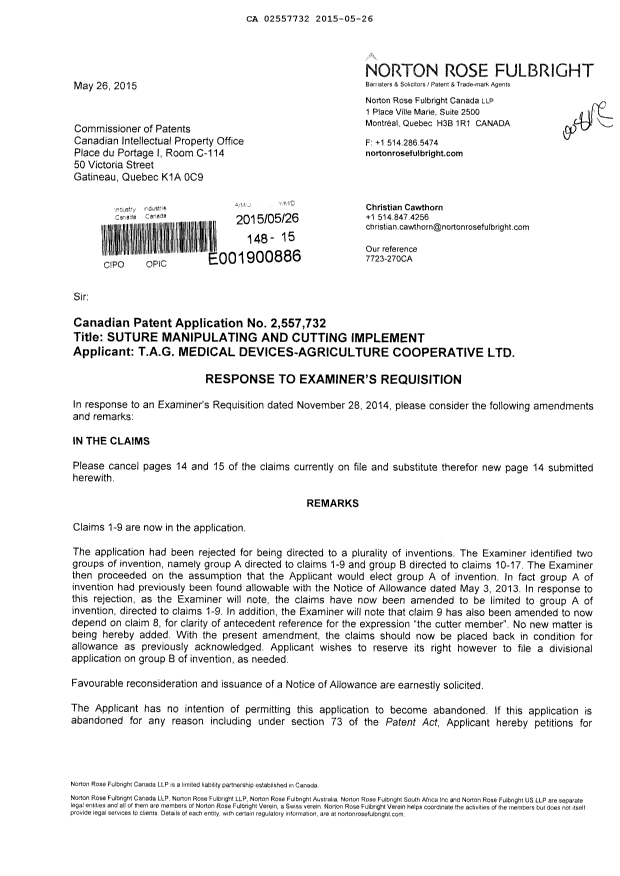 Canadian Patent Document 2557732. Prosecution-Amendment 20150526. Image 1 of 3