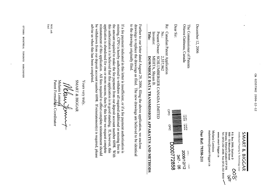 Canadian Patent Document 2557962. Prosecution-Amendment 20061212. Image 1 of 5