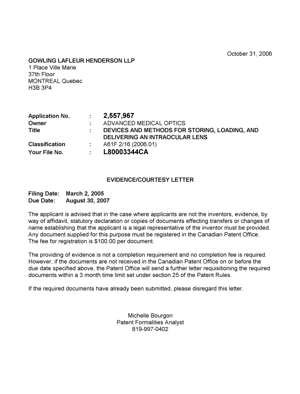 Document de brevet canadien 2557967. Correspondance 20061024. Image 1 de 1