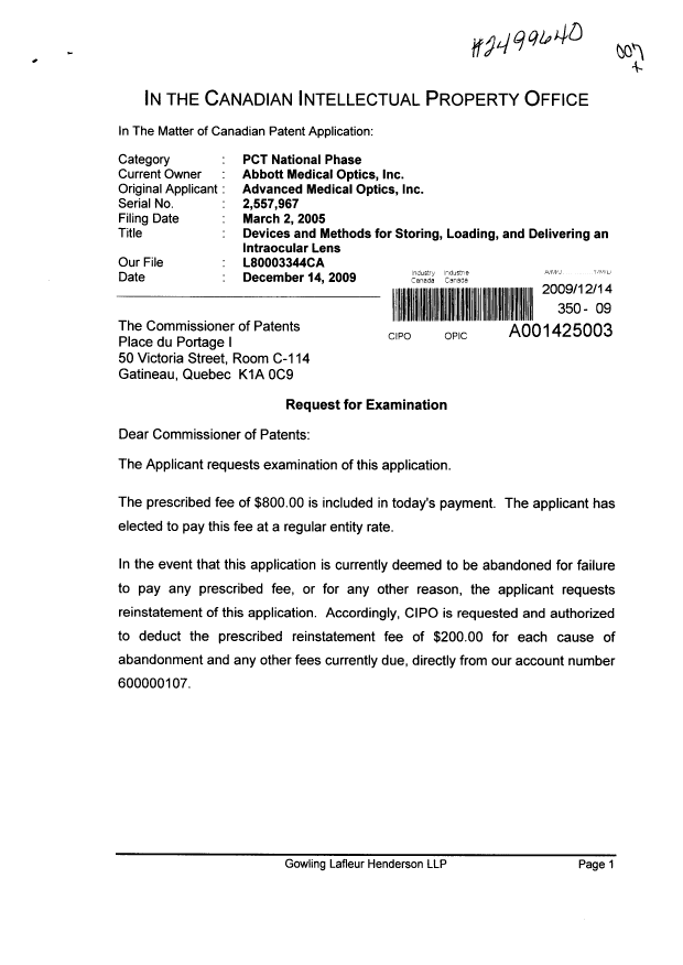 Document de brevet canadien 2557967. Poursuite-Amendment 20091214. Image 1 de 2