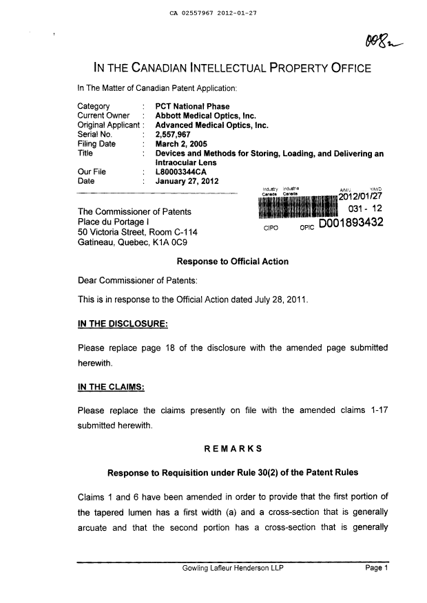 Document de brevet canadien 2557967. Poursuite-Amendment 20120127. Image 1 de 11