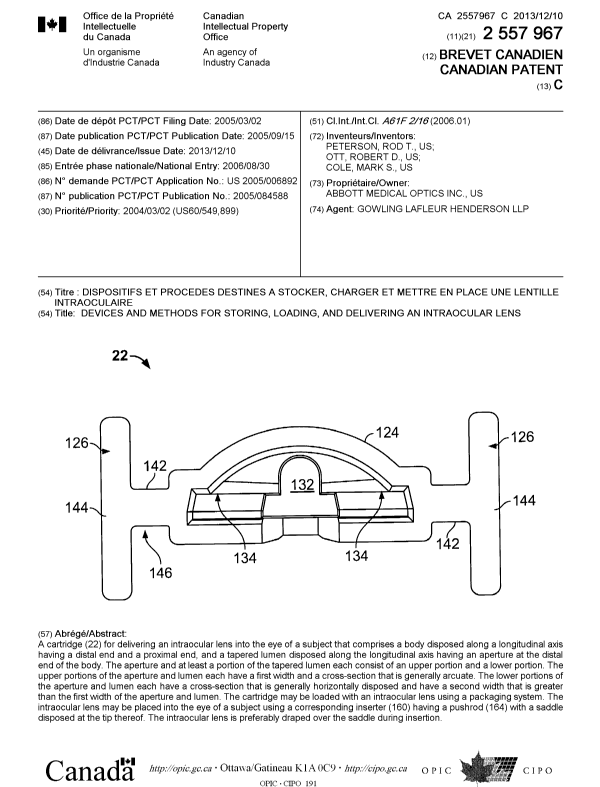 Document de brevet canadien 2557967. Page couverture 20131107. Image 1 de 1