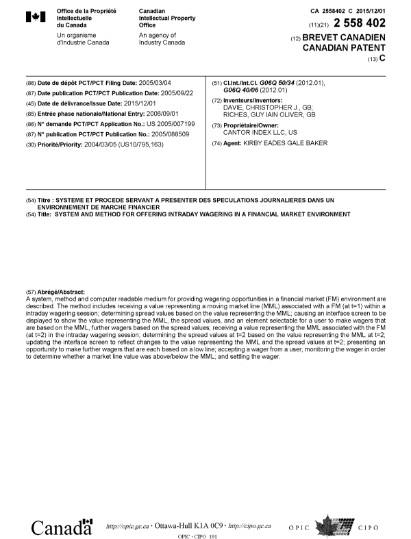 Document de brevet canadien 2558402. Page couverture 20151109. Image 1 de 1