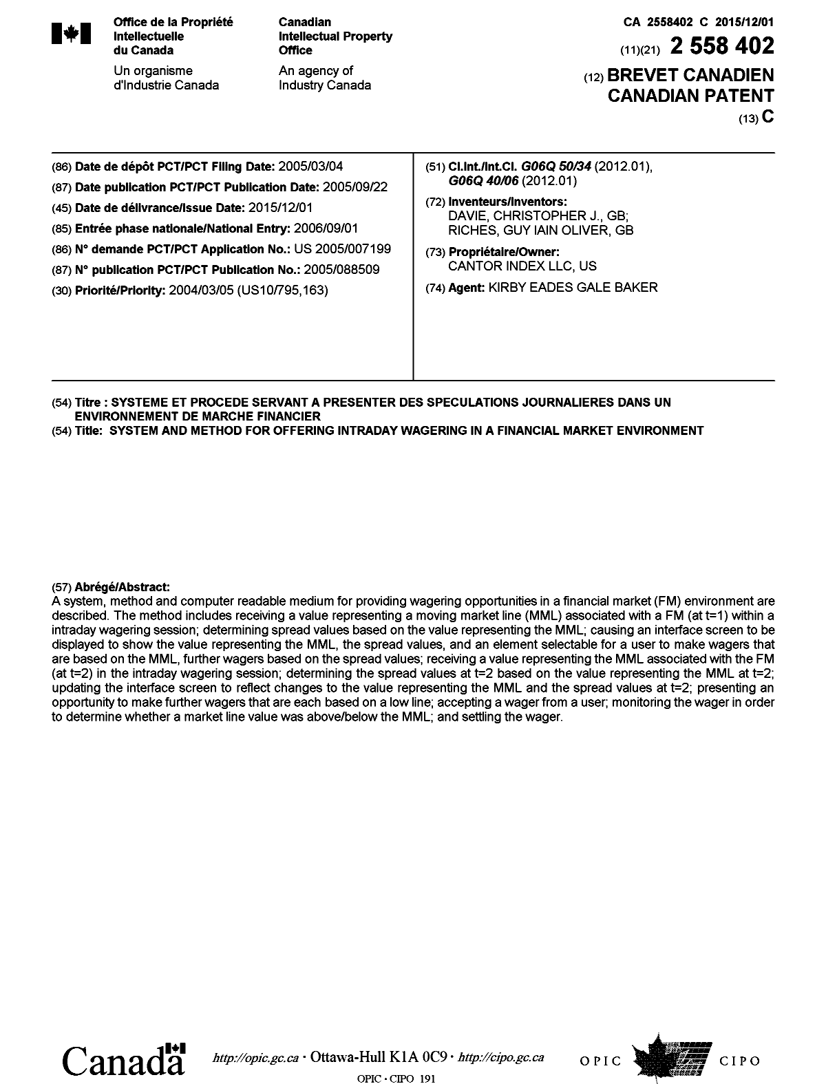 Canadian Patent Document 2558402. Cover Page 20151109. Image 1 of 1
