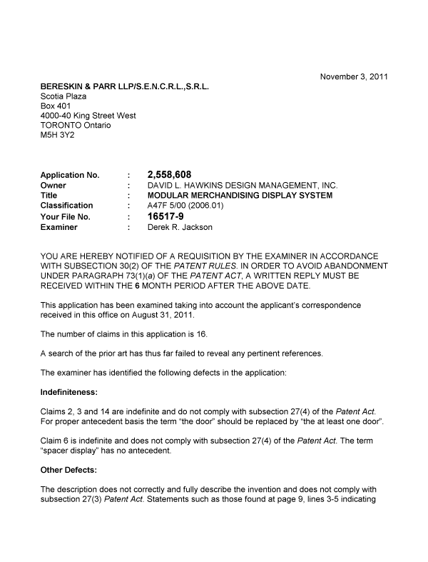 Canadian Patent Document 2558608. Prosecution-Amendment 20111103. Image 1 of 2
