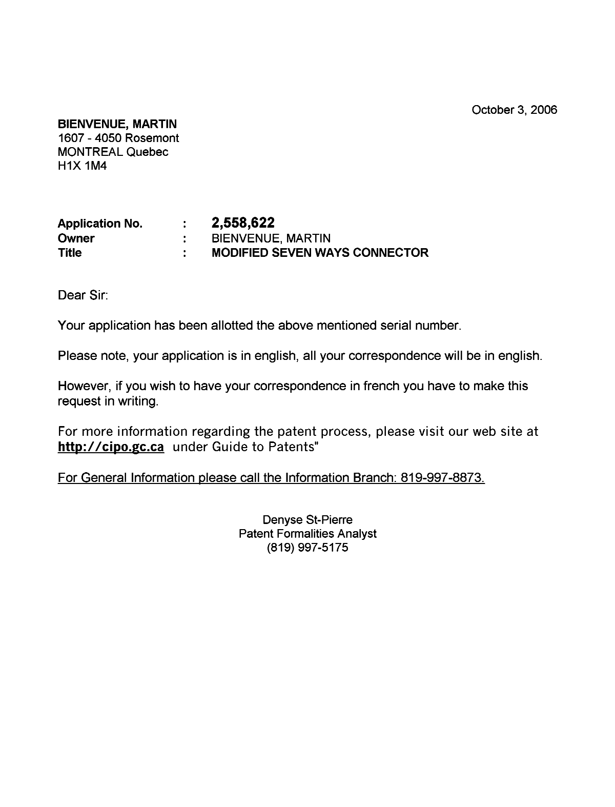 Canadian Patent Document 2558622. Correspondence 20051203. Image 1 of 1