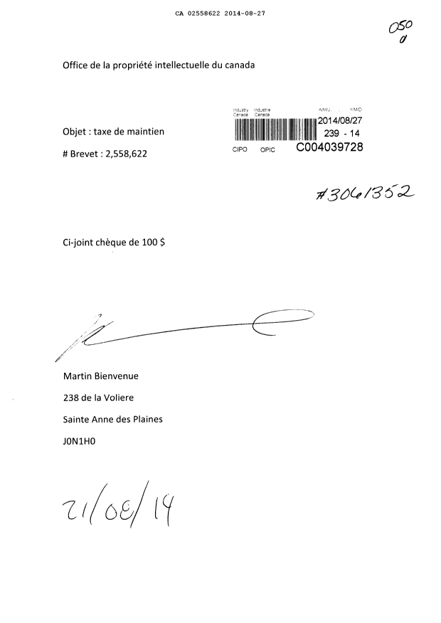 Document de brevet canadien 2558622. Taxes 20131227. Image 1 de 1