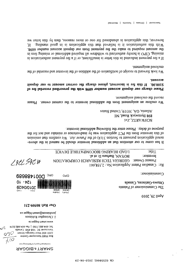 Canadian Patent Document 2558661. Assignment 20091229. Image 1 of 4