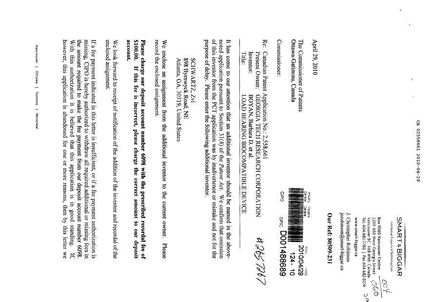 Document de brevet canadien 2558661. Cession 20091229. Image 1 de 4