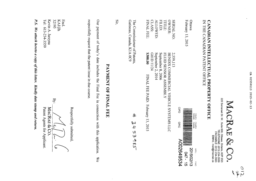 Canadian Patent Document 2559113. Correspondence 20150213. Image 1 of 1