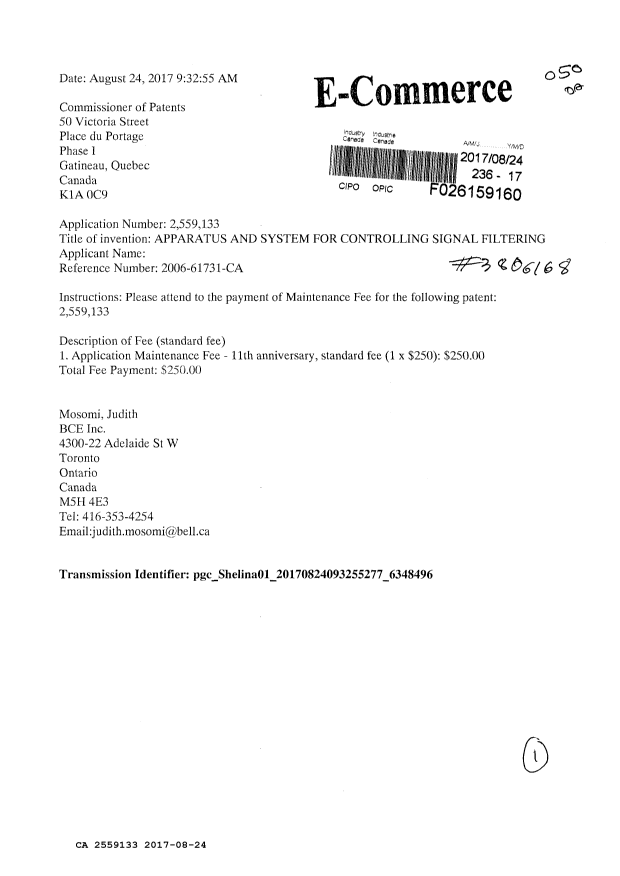 Document de brevet canadien 2559133. Paiement de taxe périodique 20170824. Image 1 de 1