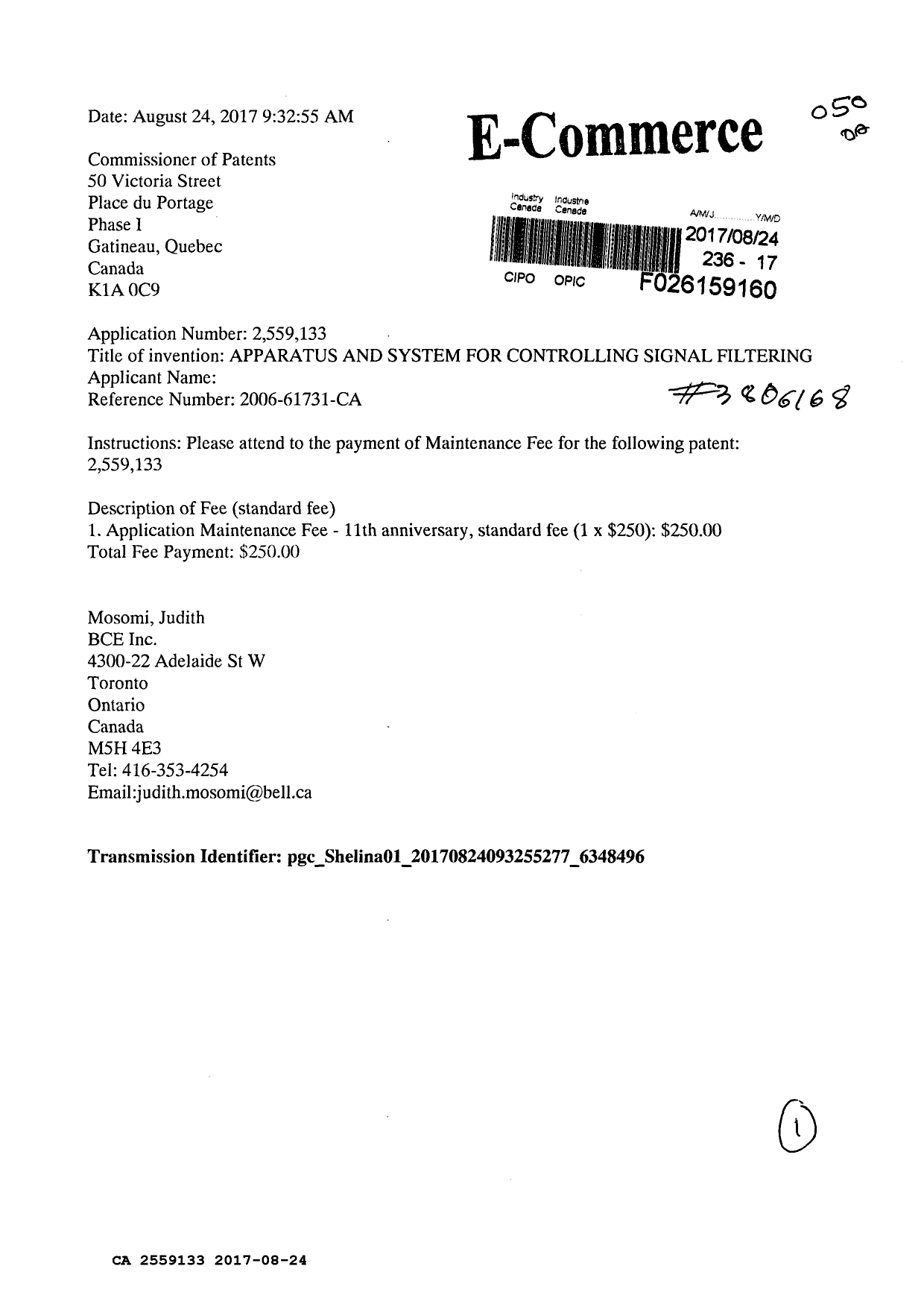 Canadian Patent Document 2559133. Maintenance Fee Payment 20170824. Image 1 of 1