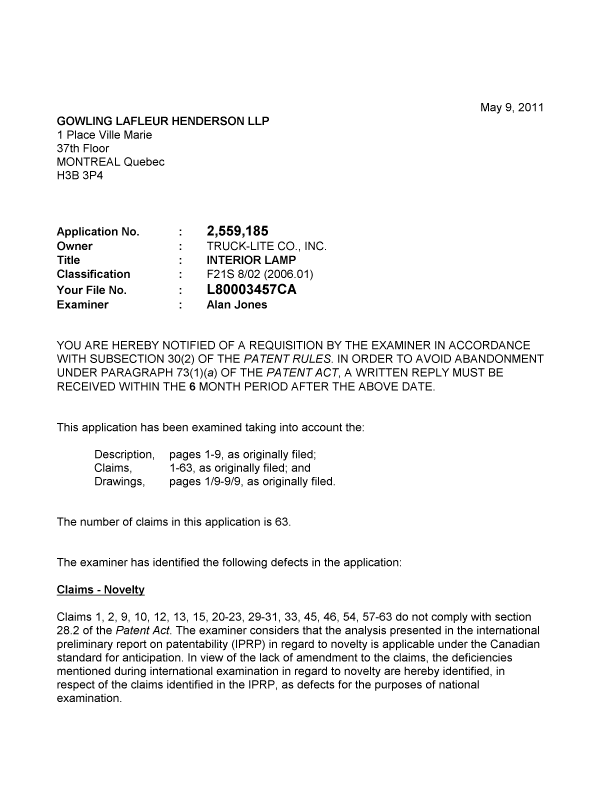 Canadian Patent Document 2559185. Prosecution-Amendment 20110509. Image 1 of 2