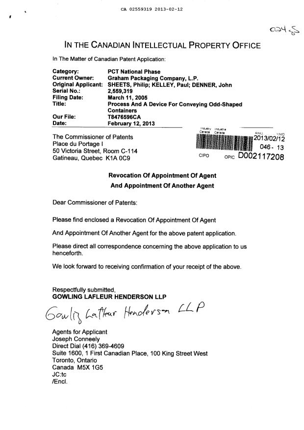 Document de brevet canadien 2559319. Correspondance 20130212. Image 1 de 2