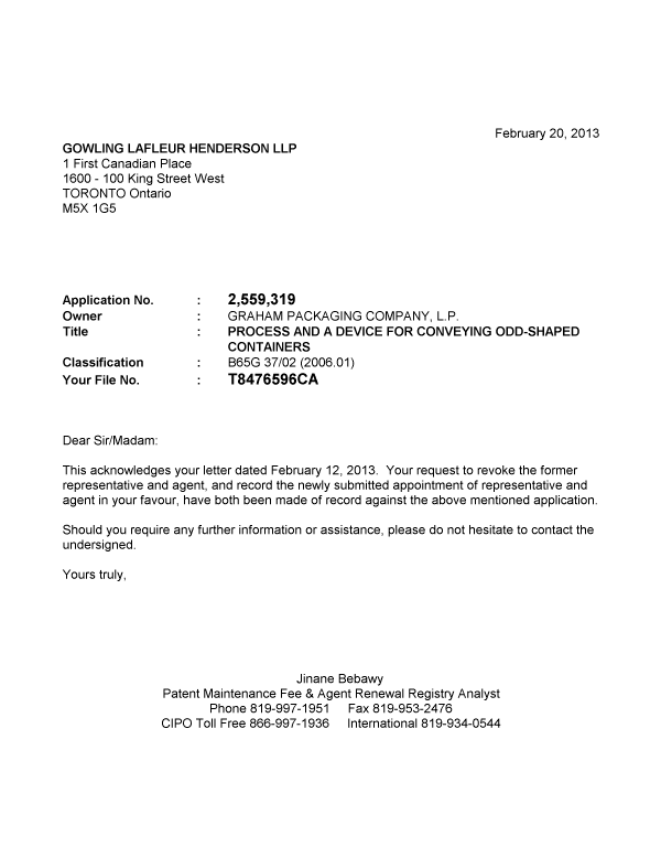 Canadian Patent Document 2559319. Correspondence 20130220. Image 1 of 1