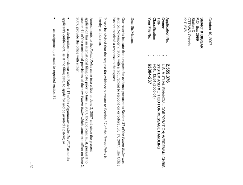 Canadian Patent Document 2559376. Correspondence 20071010. Image 1 of 2