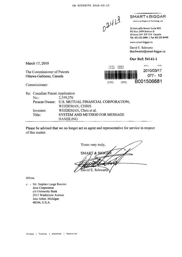 Canadian Patent Document 2559376. Correspondence 20100317. Image 1 of 1