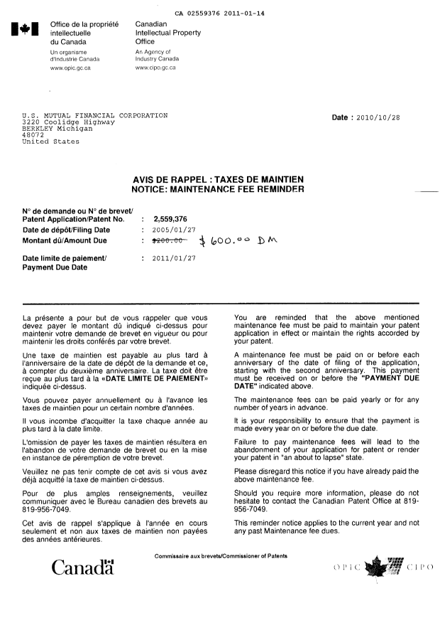 Document de brevet canadien 2559376. Correspondance 20110114. Image 1 de 3