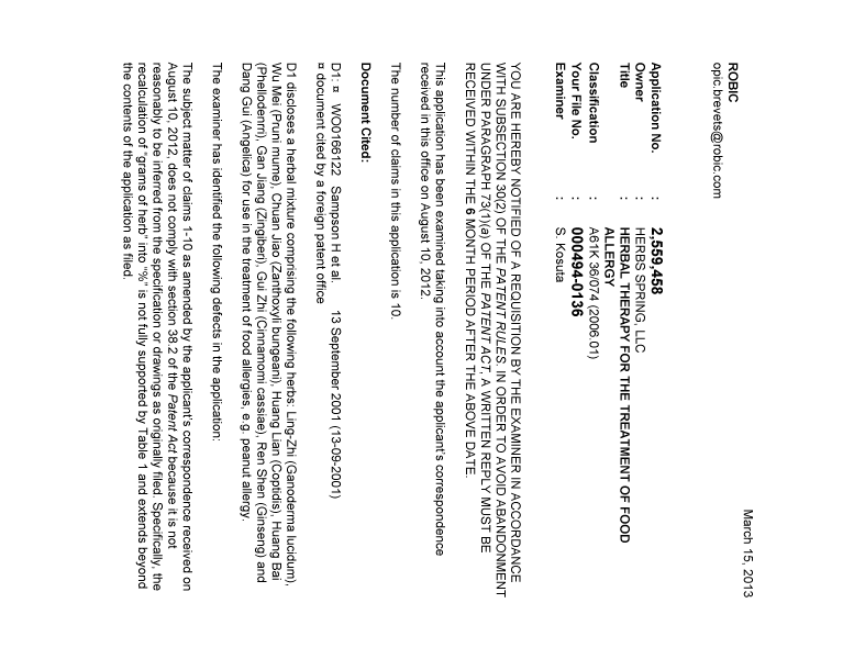 Canadian Patent Document 2559458. Prosecution-Amendment 20130315. Image 1 of 3
