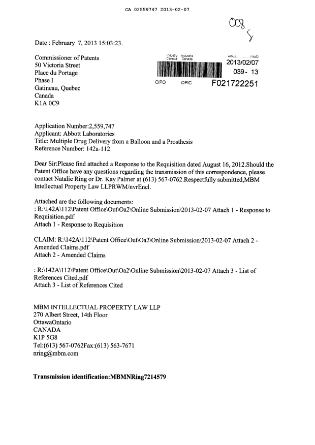 Canadian Patent Document 2559747. Prosecution-Amendment 20130207. Image 1 of 10