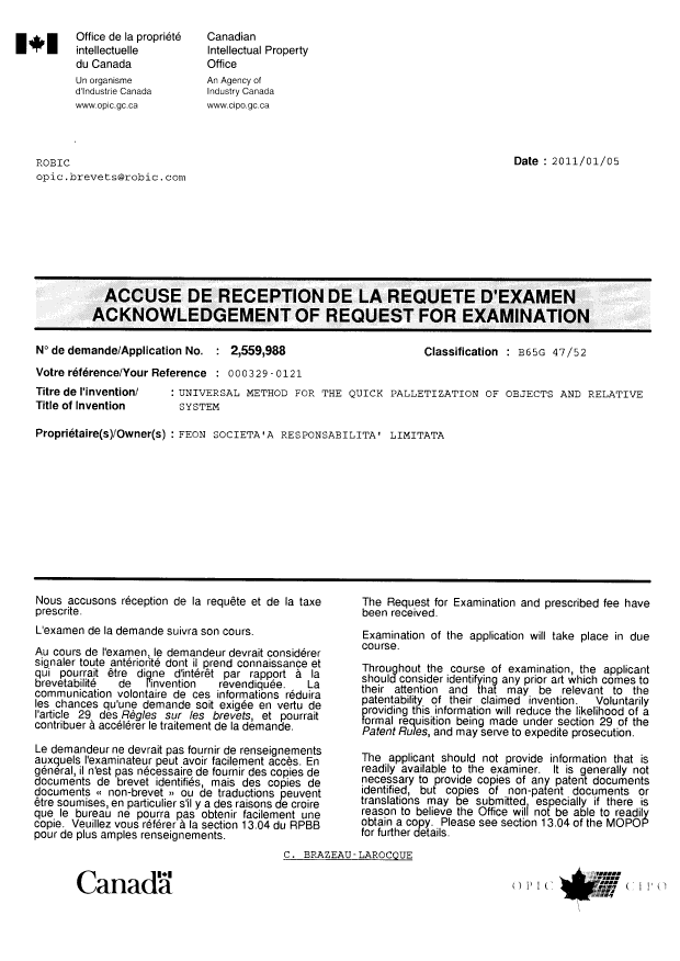 Document de brevet canadien 2559988. Correspondance 20110105. Image 1 de 1
