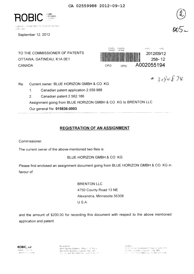 Document de brevet canadien 2559988. Cession 20120912. Image 1 de 8