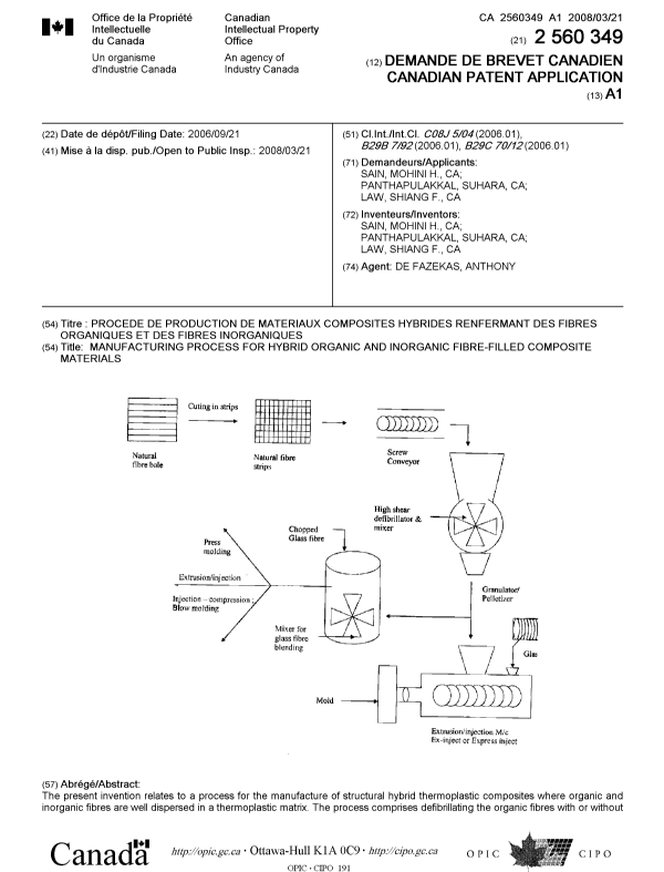 Canadian Patent Document 2560349. Cover Page 20071227. Image 1 of 2