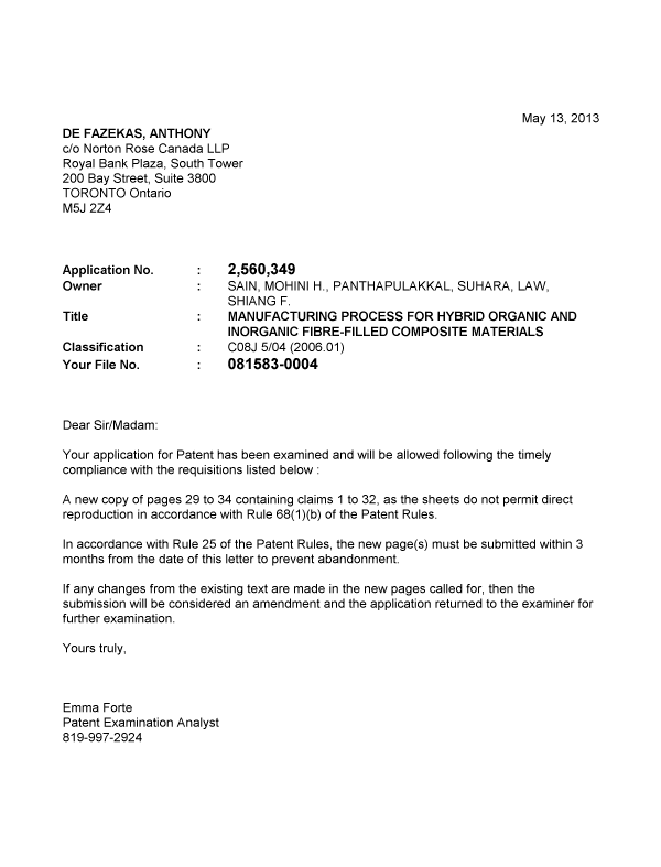 Canadian Patent Document 2560349. Correspondence 20121213. Image 1 of 1