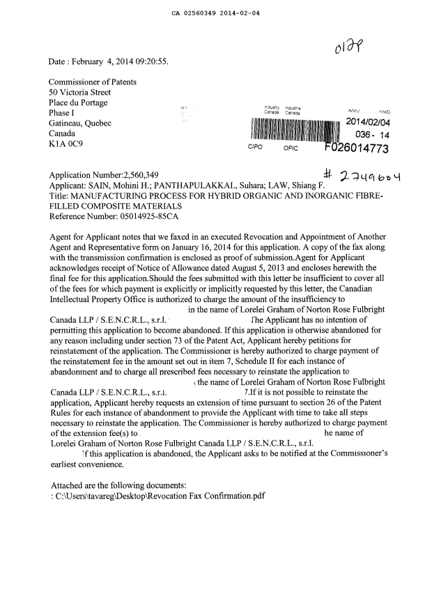 Canadian Patent Document 2560349. Correspondence 20131204. Image 1 of 6